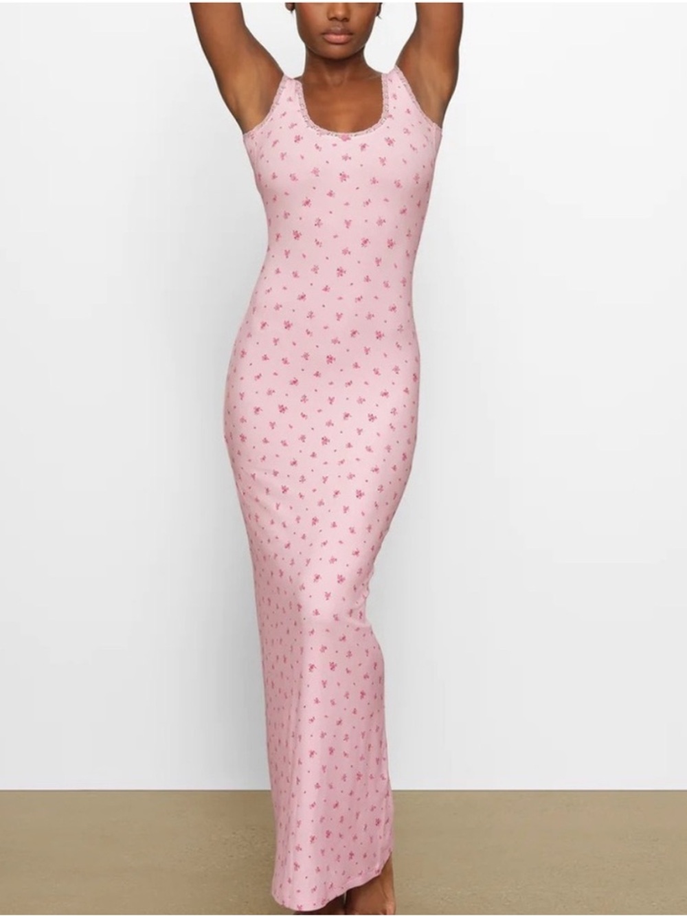 Skims Soft Lounge Lace Scoop Neck Maxi Dress In Ditzy Rose Print Pink Size M